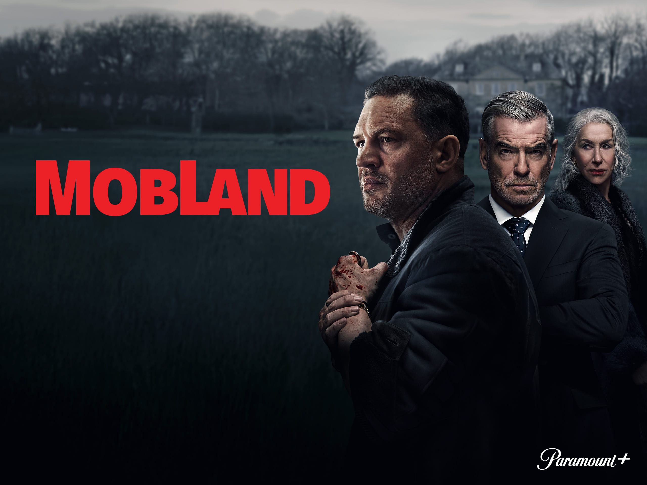 Tom Hardy, Pierce Brosnan, and Helen Mirren on set for MobLand Season 2, looking intense and ready for action.