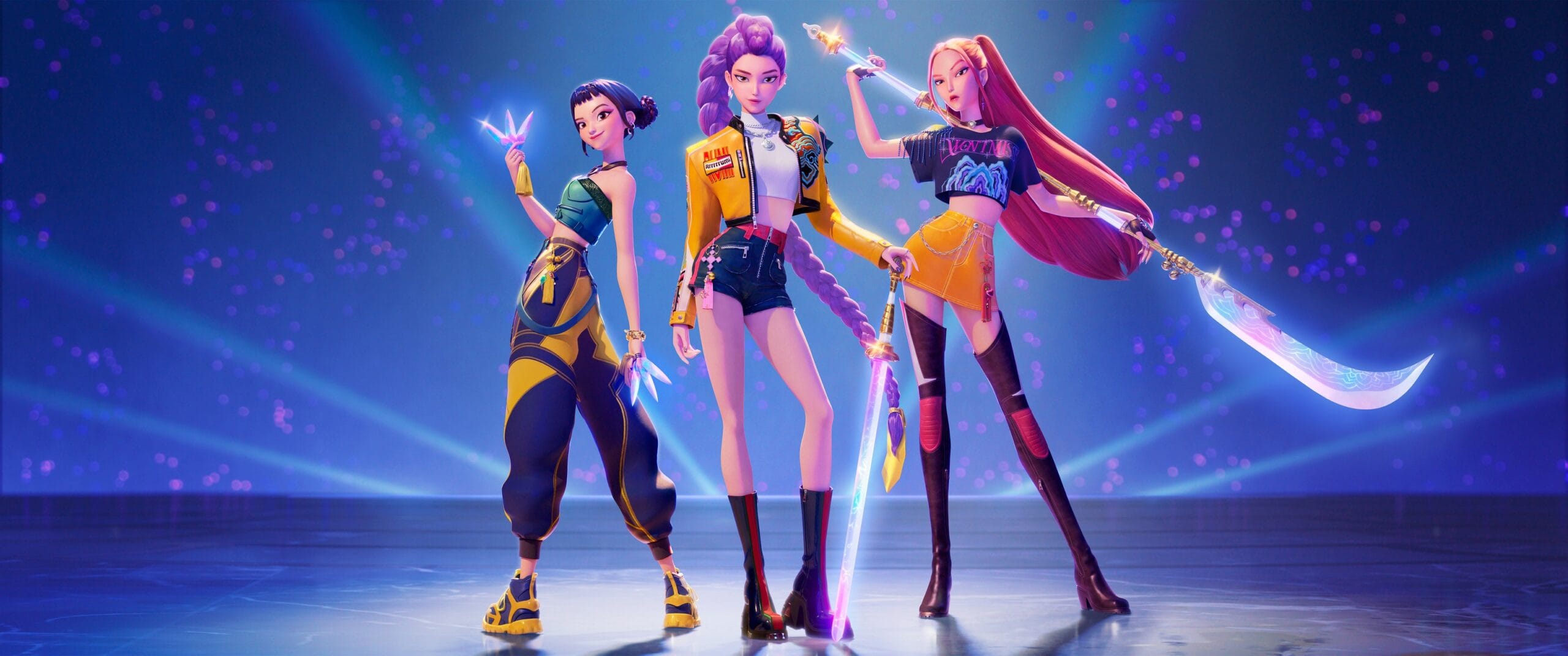 Animated K-pop idols striking dynamic poses with weapons in a neon-lit city, from Netflix's KPop Demon Hunters.