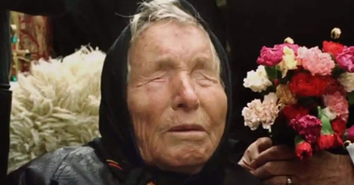 Illustration of Baba Vanga, the blind Bulgarian mystic, surrounded by symbols of her predictions: a globe, lightning, a UFO, and medical icons.