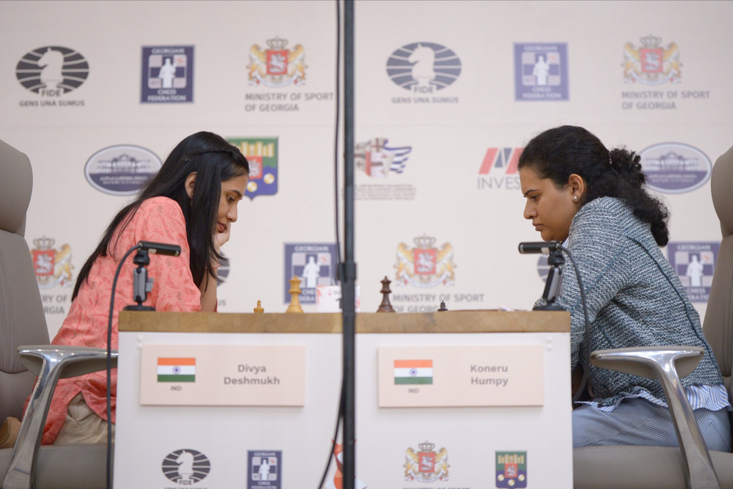 Divya Deshmukh celebrates victory over Koneru Humpy at the 2025 FIDE Women’s Chess World Cup in Georgia