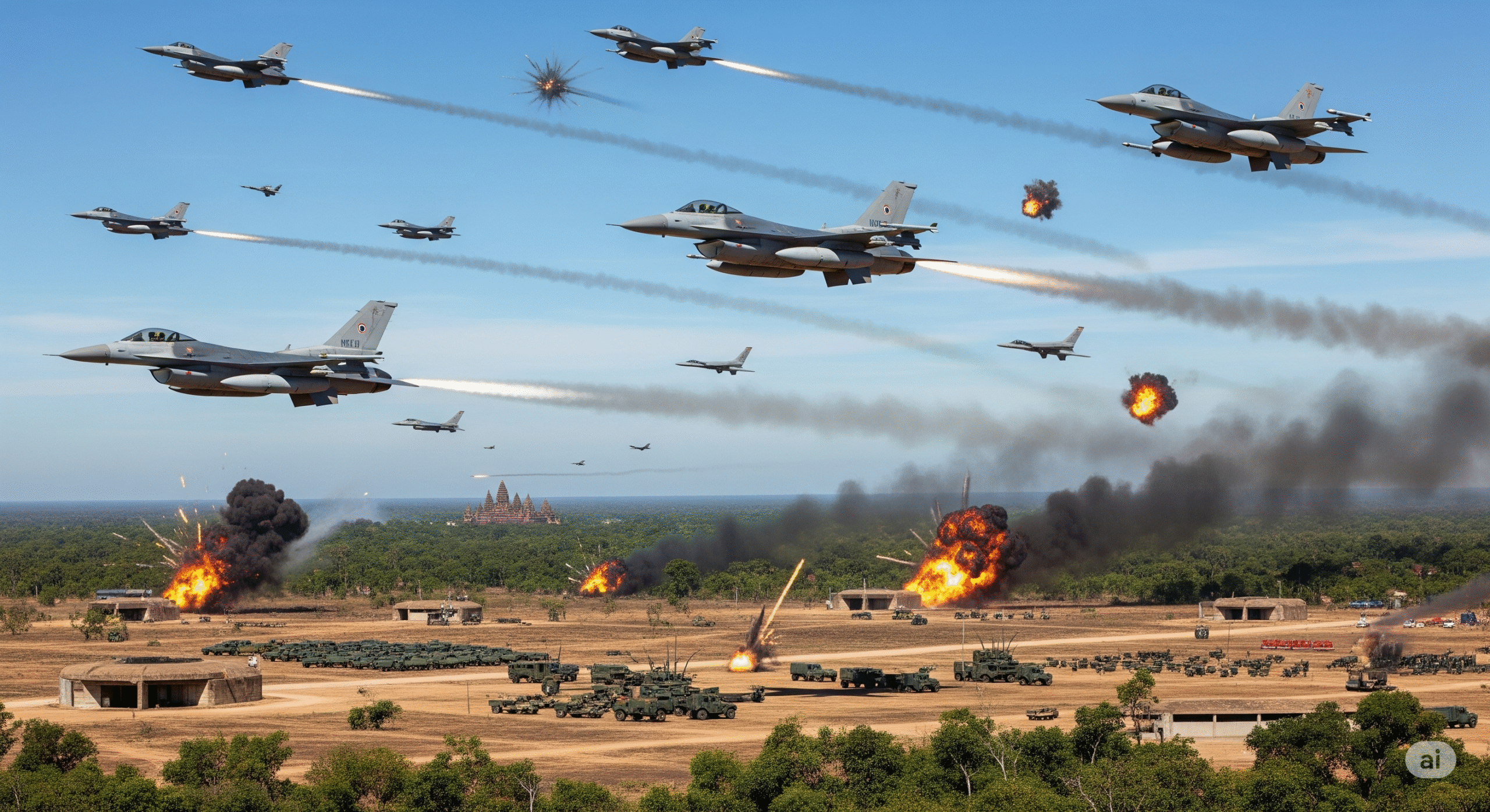Thai F-16 fighter jet flying over disputed Thailand-Cambodia border region during July 2025 clashes - AI image