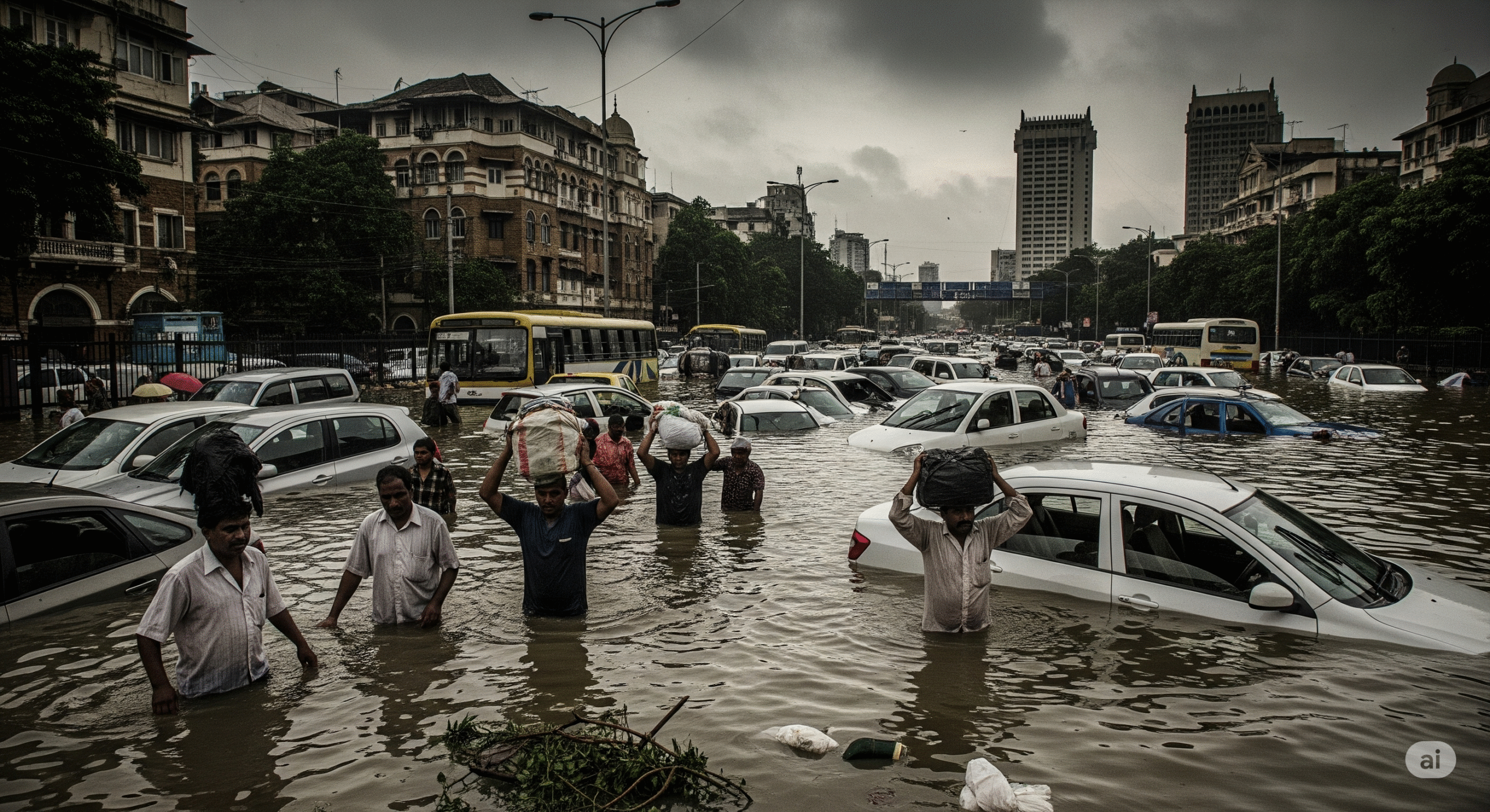A flooded street in Mumbai during the 2005 deluge with stranded vehicles and people walking through water - AI Image
