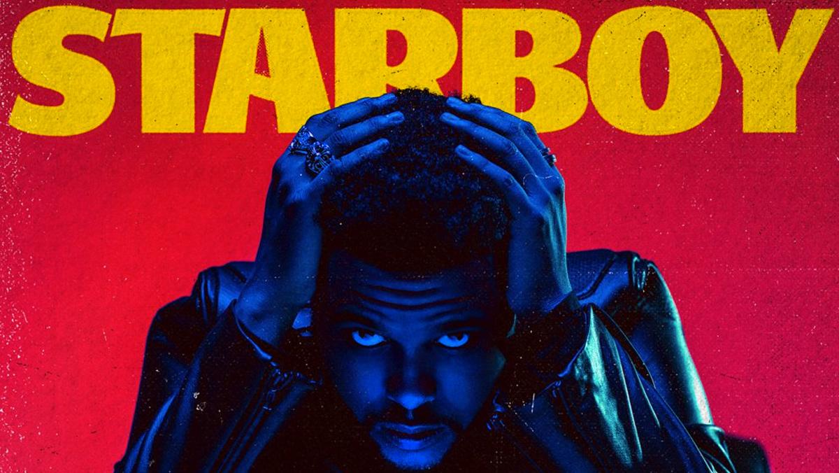 The Weeknd and Daft Punk with "Starboy" artwork in background