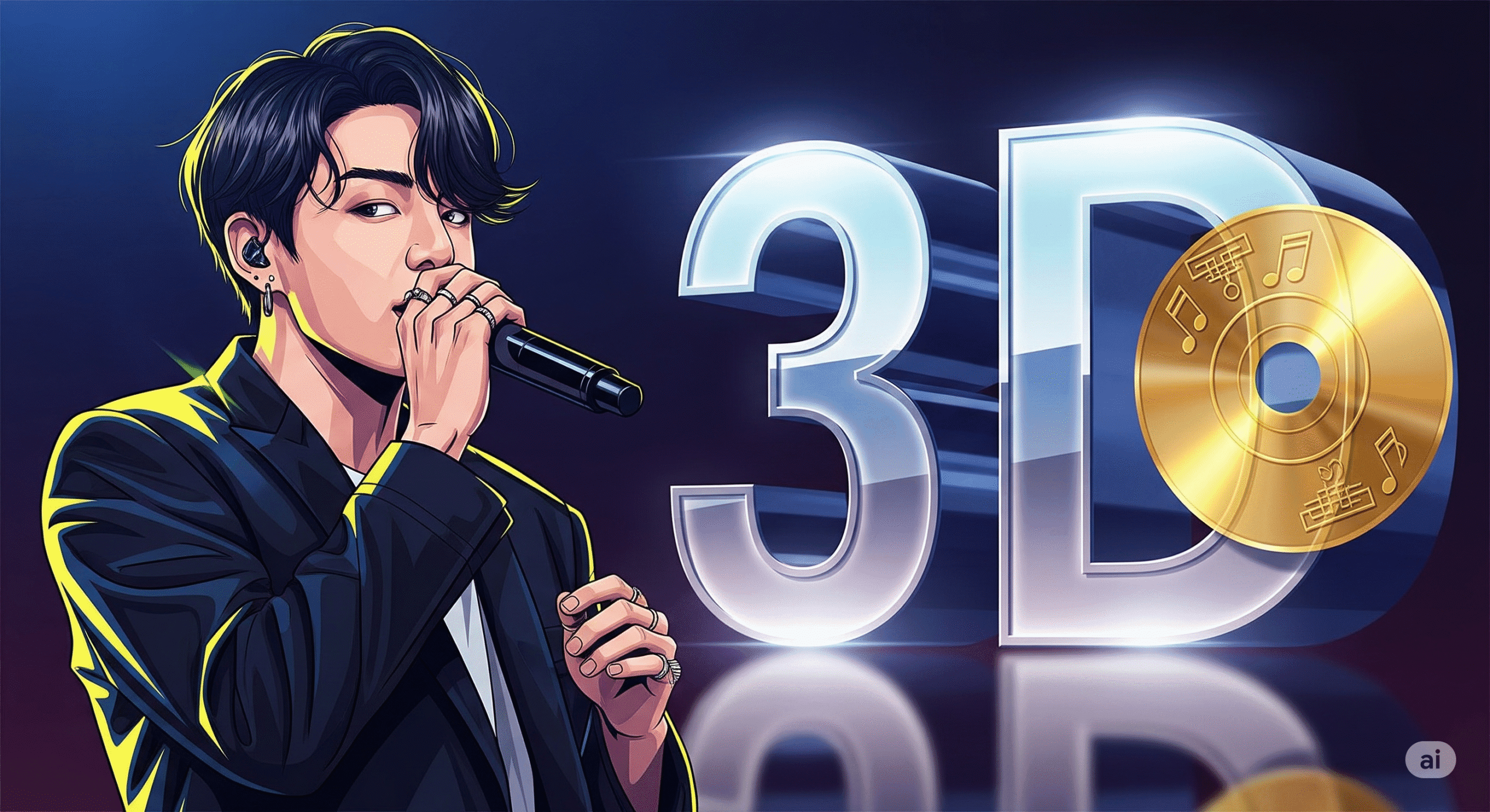 Jungkook holding a mic with “3D” text in the background, symbolizing music achievement in France